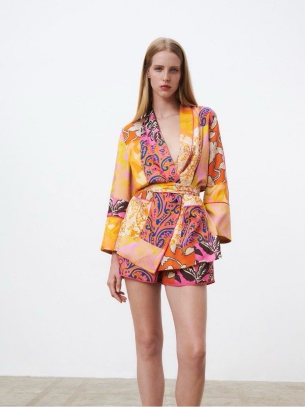 Zara Pink & Orange Printed Satin Kimono Top with Matching Shorts